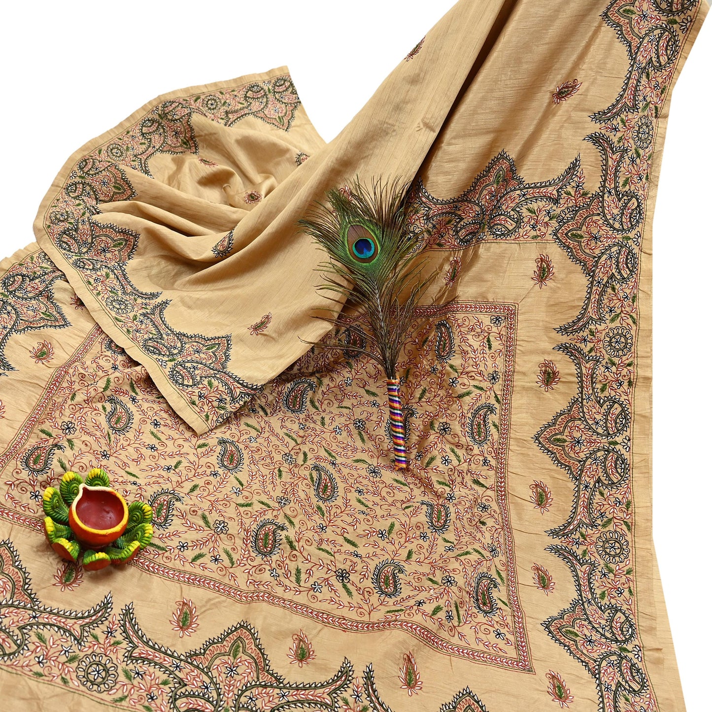 Indian Vintage Sari Beige Artificial Silk Hand Embroidered Sarees Craft Fabric 5yd Sewing Soft Dress Making Crafting Upcycle Quilting