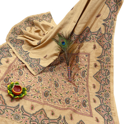 Indian Vintage Sari Beige Artificial Silk Hand Embroidered Sarees Craft Fabric 5yd Sewing Soft Dress Making Crafting Upcycle Quilting