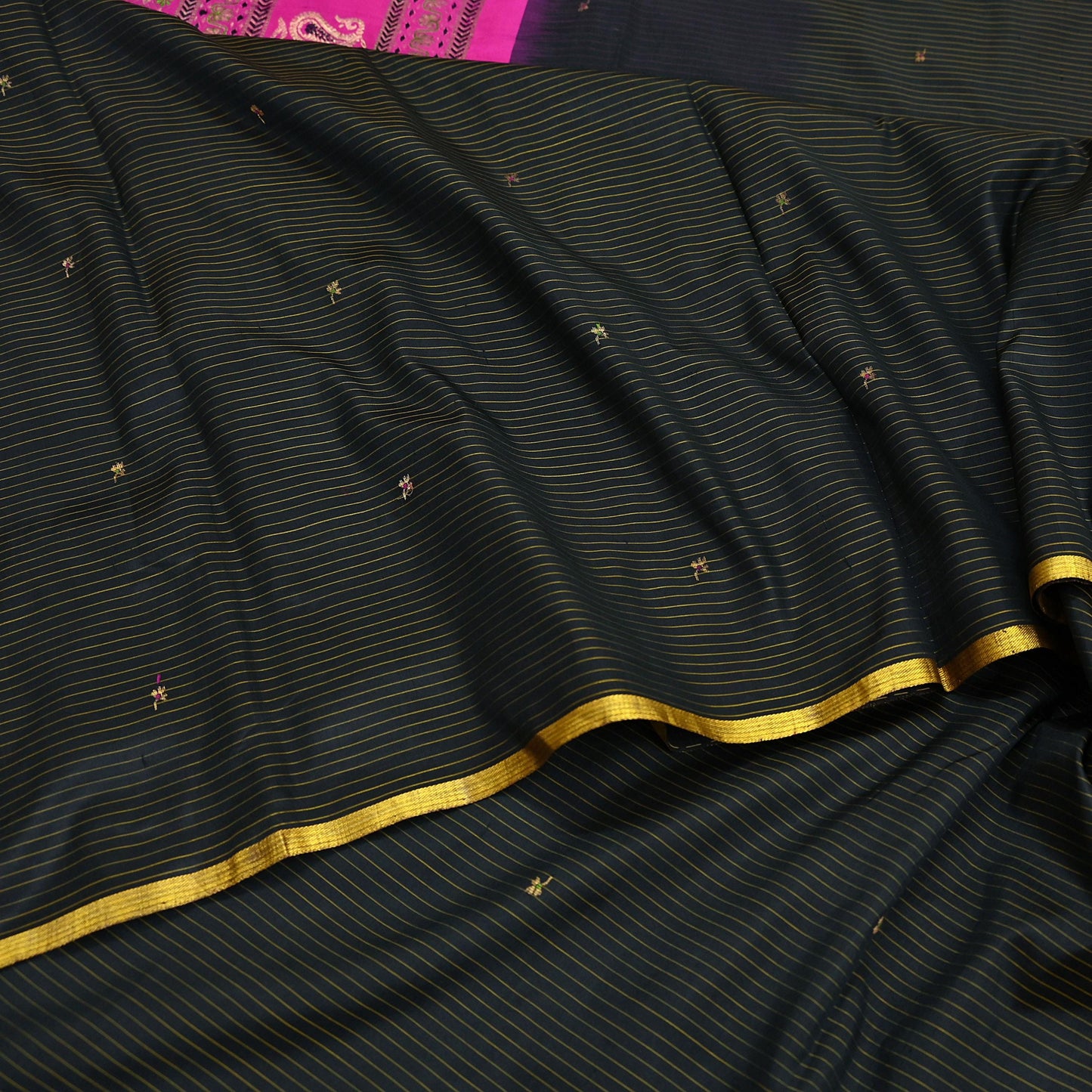 Indian Vintage Sari Pink & Black Mysore Silk Hand Woven Saree with Zari Border 5 Yards Soft Craft Fabric Upcycle, Quilting, Dressmaking