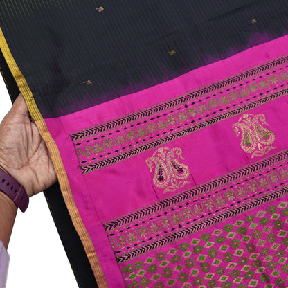 Indian Vintage Sari Pink & Black Mysore Silk Hand Woven Saree with Zari Border 5 Yards Soft Craft Fabric Upcycle, Quilting, Dressmaking