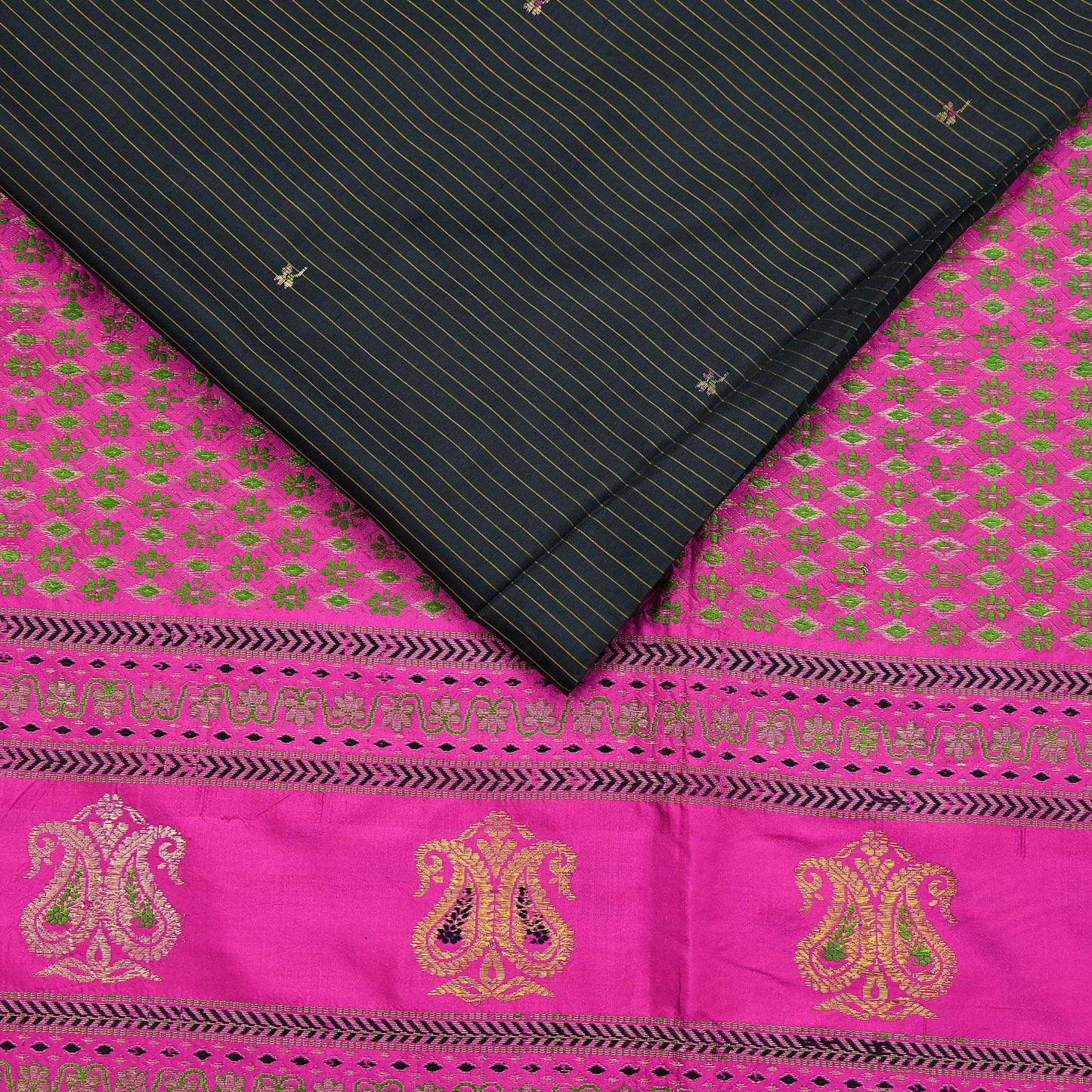 Indian Vintage Sari Pink & Black Mysore Silk Hand Woven Saree with Zari Border 5 Yards Soft Craft Fabric Upcycle, Quilting, Dressmaking