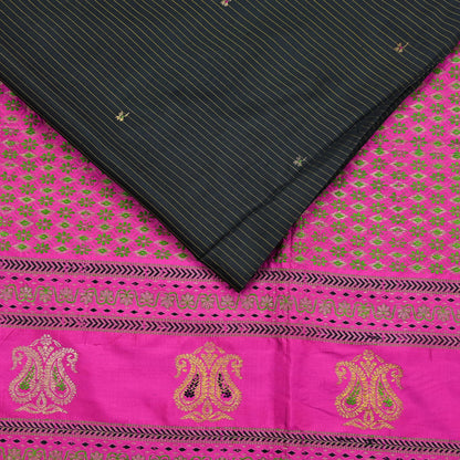Indian Vintage Sari Pink & Black Mysore Silk Hand Woven Saree with Zari Border 5 Yards Soft Craft Fabric Upcycle, Quilting, Dressmaking