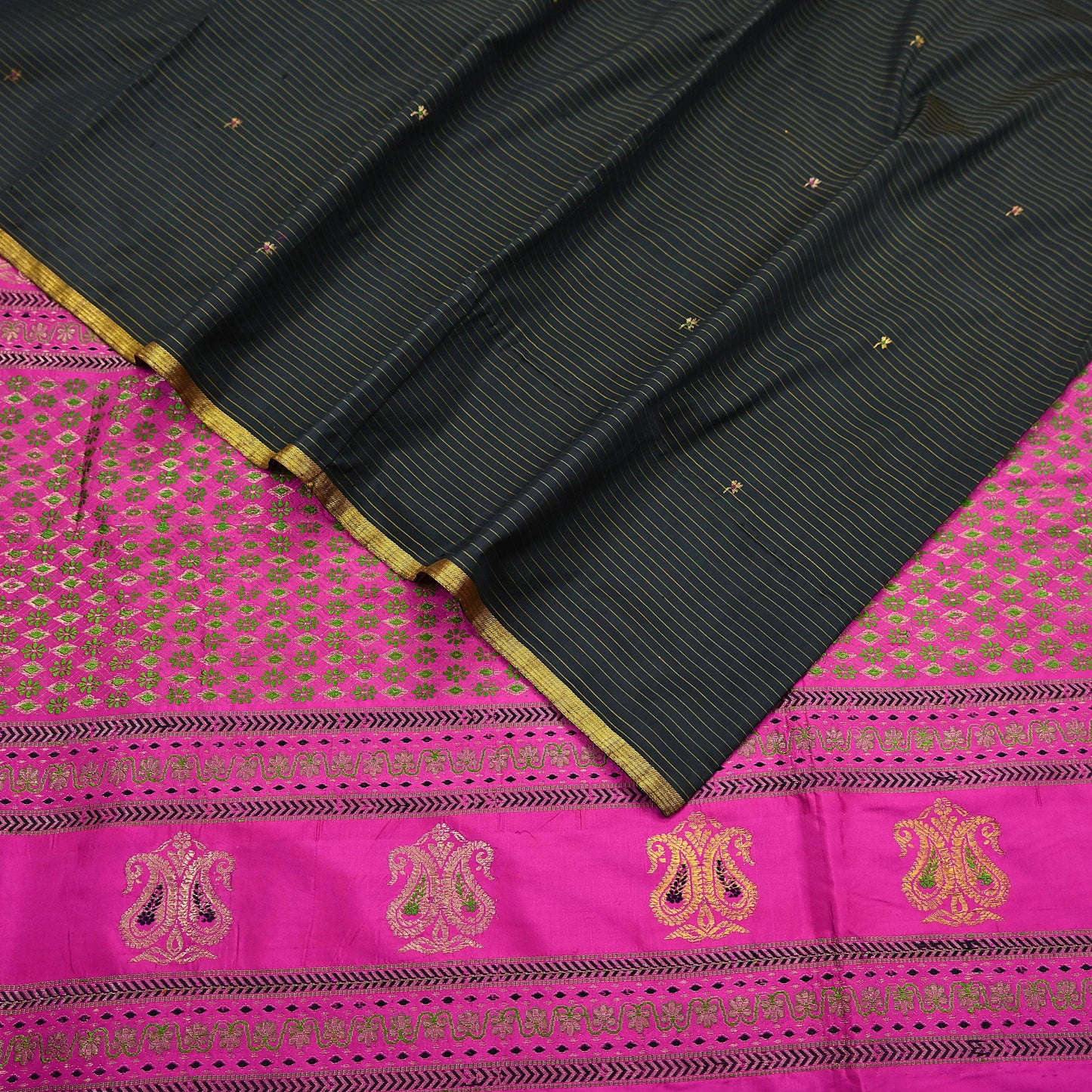 Indian Vintage Sari Pink & Black Mysore Silk Hand Woven Saree with Zari Border 5 Yards Soft Craft Fabric Upcycle, Quilting, Dressmaking