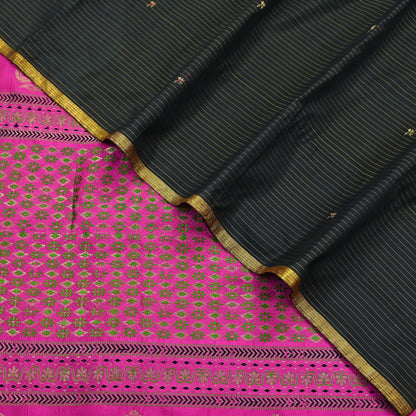 Indian Vintage Sari Pink & Black Mysore Silk Hand Woven Saree with Zari Border 5 Yards Soft Craft Fabric Upcycle, Quilting, Dressmaking