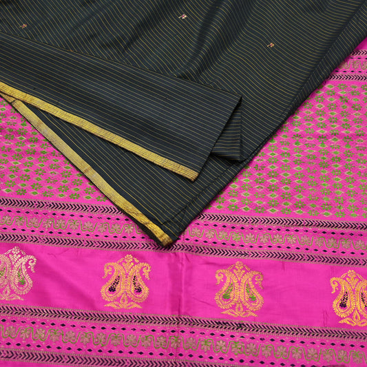 Indian Vintage Sari Pink & Black Mysore Silk Hand Woven Saree with Zari Border 5 Yards Soft Craft Fabric Upcycle, Quilting, Dressmaking
