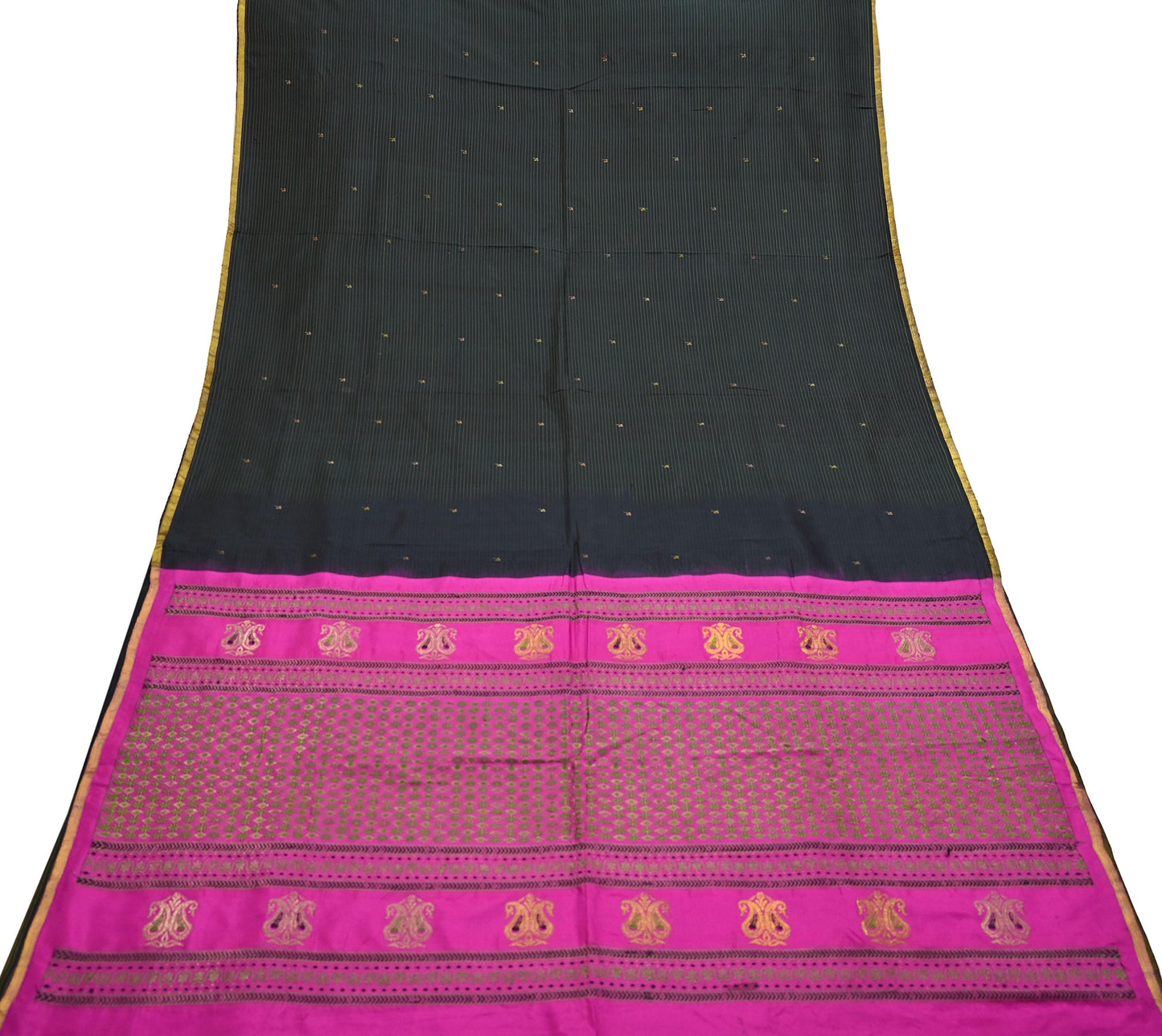 Indian Vintage Sari Pink & Black Mysore Silk Hand Woven Saree with Zari Border 5 Yards Soft Craft Fabric Upcycle, Quilting, Dressmaking