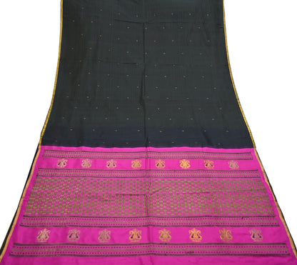 Indian Vintage Sari Pink & Black Mysore Silk Hand Woven Saree with Zari Border 5 Yards Soft Craft Fabric Upcycle, Quilting, Dressmaking