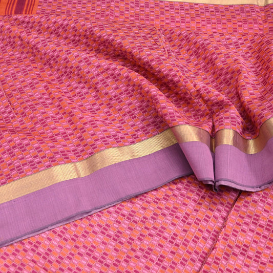 Indian Vintage Pink Pure Chanderi Silk Saree Block Printed Floral Design, Zari Border 5 Yards Craft Fabric for Upcycling, Dressmaking