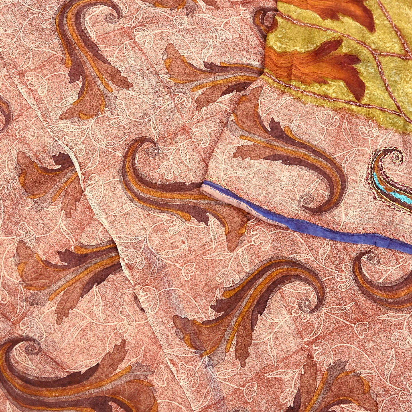 Indian Vintage Sari Brown & Ivory Hand Embroidered Printed Pure Georgette Silk Sari Saree Fabric 5Yd Zari Dressmaking Crafting Upcycle