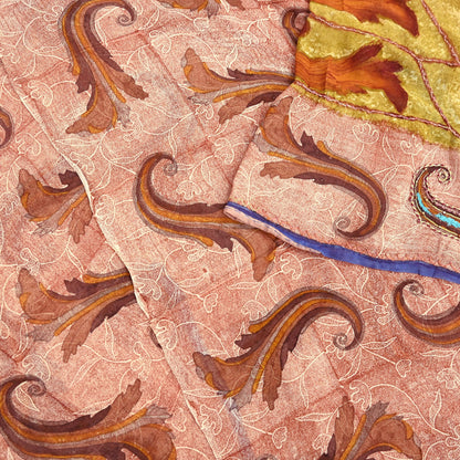 Indian Vintage Sari Brown & Ivory Hand Embroidered Printed Pure Georgette Silk Sari Saree Fabric 5Yd Zari Dressmaking Crafting Upcycle