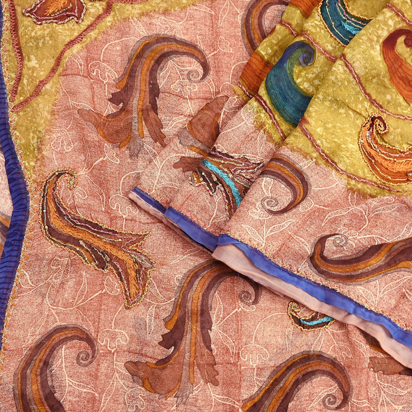 Indian Vintage Sari Brown & Ivory Hand Embroidered Printed Pure Georgette Silk Sari Saree Fabric 5Yd Zari Dressmaking Crafting Upcycle