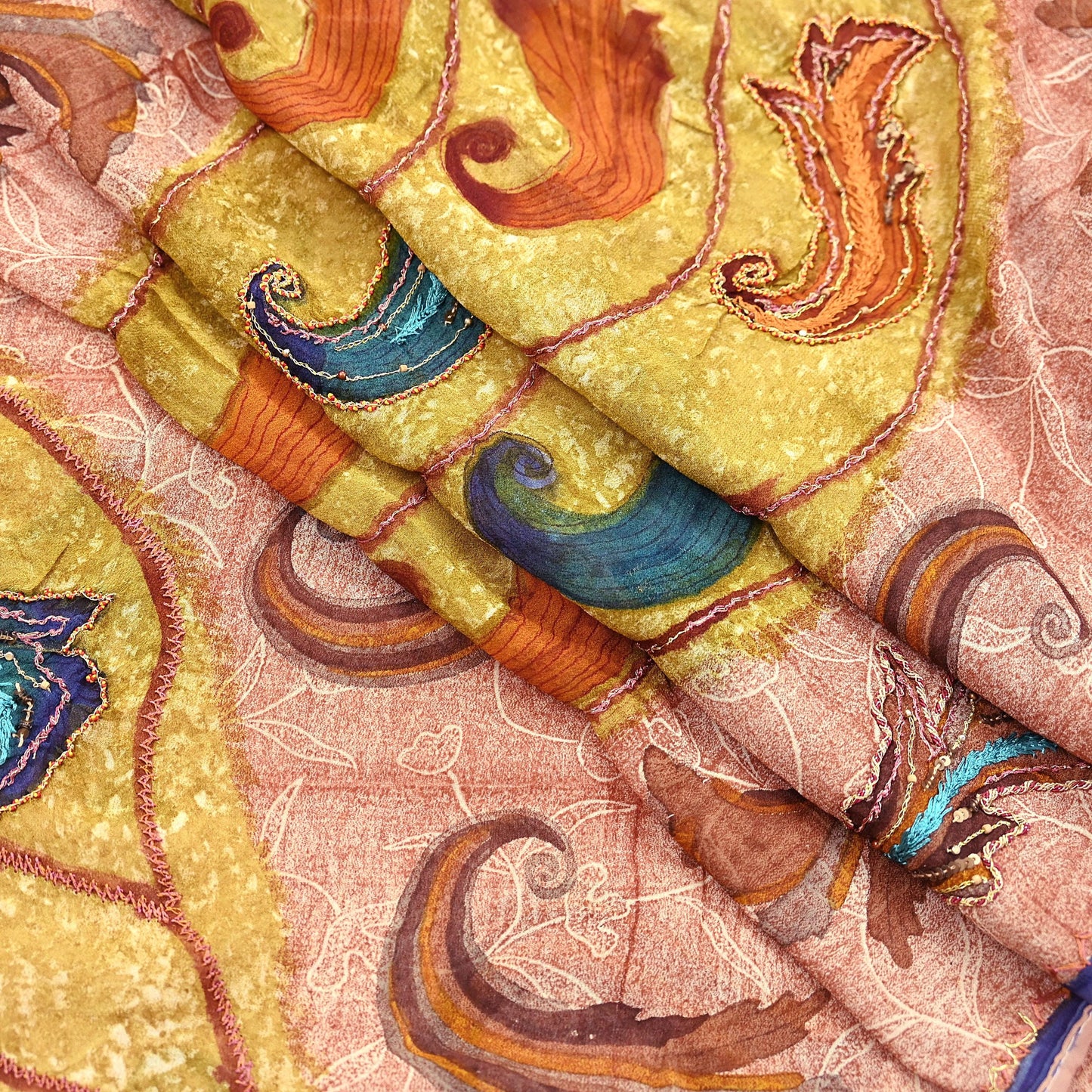 Indian Vintage Sari Brown & Ivory Hand Embroidered Printed Pure Georgette Silk Sari Saree Fabric 5Yd Zari Dressmaking Crafting Upcycle