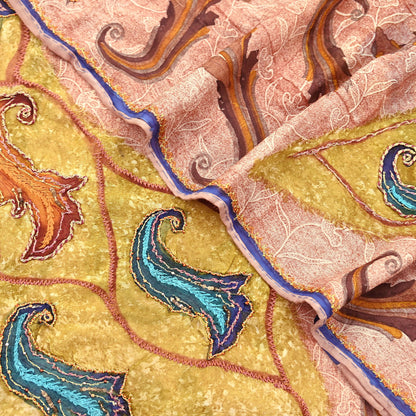 Indian Vintage Sari Brown & Ivory Hand Embroidered Printed Pure Georgette Silk Sari Saree Fabric 5Yd Zari Dressmaking Crafting Upcycle