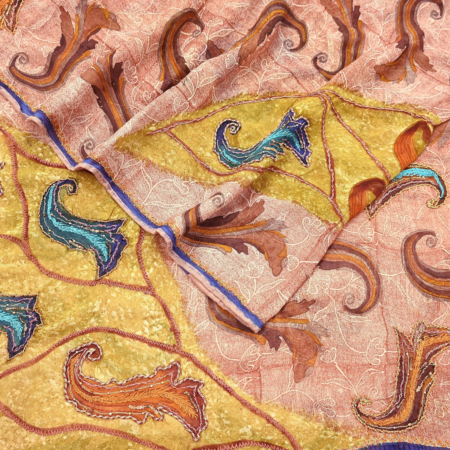 Indian Vintage Sari Brown & Ivory Hand Embroidered Printed Pure Georgette Silk Sari Saree Fabric 5Yd Zari Dressmaking Crafting Upcycle