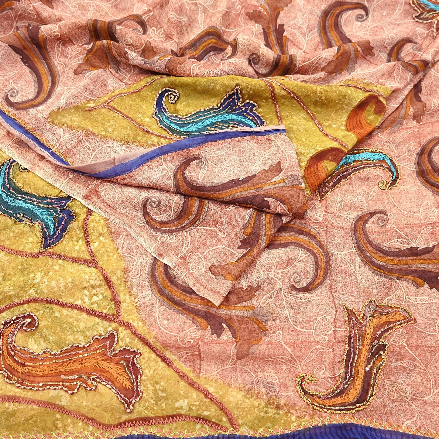 Indian Vintage Sari Brown & Ivory Hand Embroidered Printed Pure Georgette Silk Sari Saree Fabric 5Yd Zari Dressmaking Crafting Upcycle