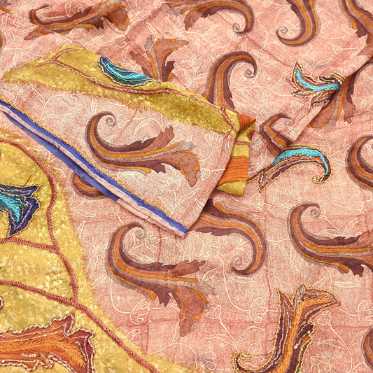 Indian Vintage Sari Brown & Ivory Hand Embroidered Printed Pure Georgette Silk Sari Saree Fabric 5Yd Zari Dressmaking Crafting Upcycle