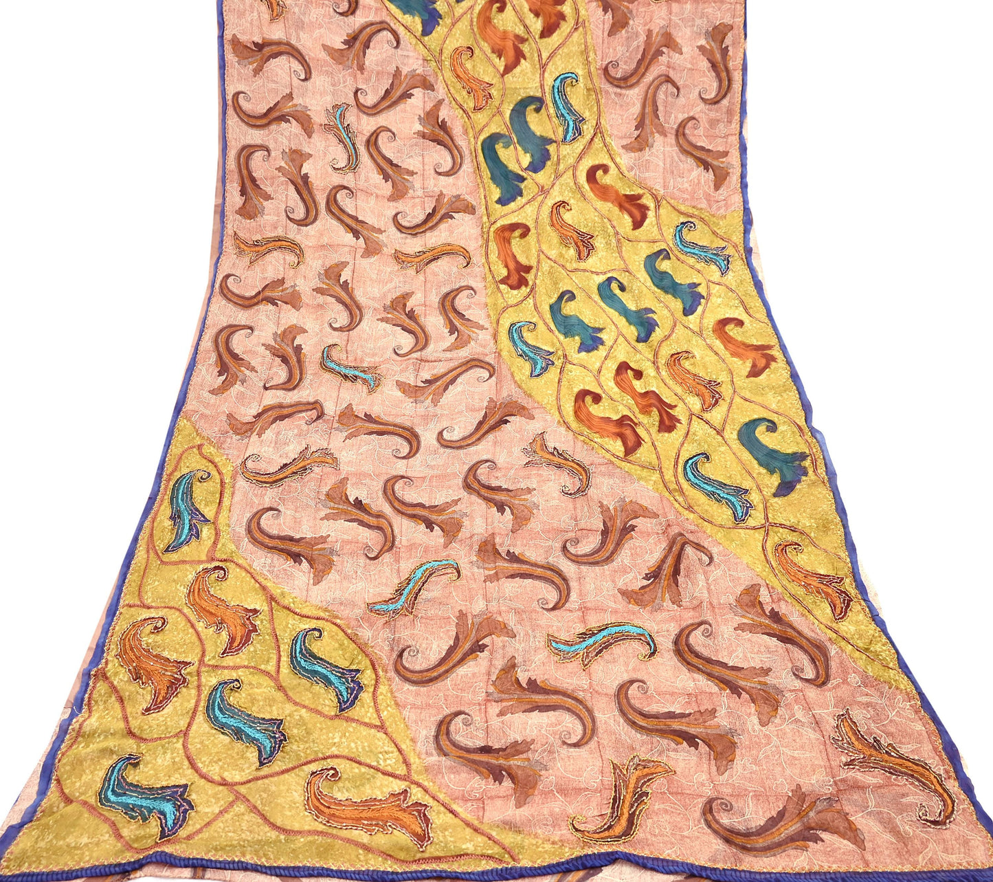 Indian Vintage Sari Brown & Ivory Hand Embroidered Printed Pure Georgette Silk Sari Saree Fabric 5Yd Zari Dressmaking Crafting Upcycle