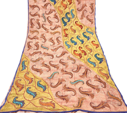 Indian Vintage Sari Brown & Ivory Hand Embroidered Printed Pure Georgette Silk Sari Saree Fabric 5Yd Zari Dressmaking Crafting Upcycle