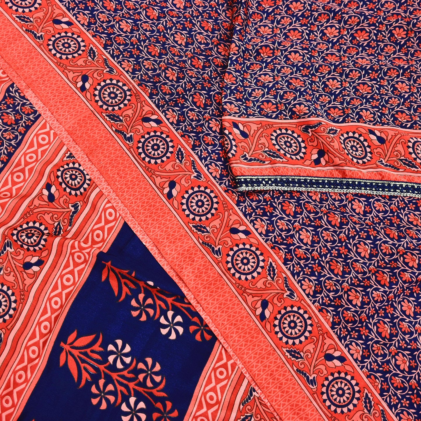 Indian Vintage Sari Peach & Blue Artificial silk Printed Sarees 5yd Craft Fabric Sewing Floral Soft Dress making Quilting Crafting Upcycle