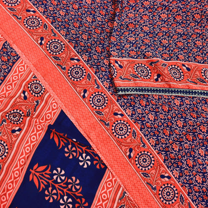 Indian Vintage Sari Peach & Blue Artificial silk Printed Sarees 5yd Craft Fabric Sewing Floral Soft Dress making Quilting Crafting Upcycle