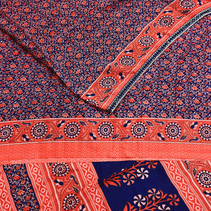 Indian Vintage Sari Peach & Blue Artificial silk Printed Sarees 5yd Craft Fabric Sewing Floral Soft Dress making Quilting Crafting Upcycle