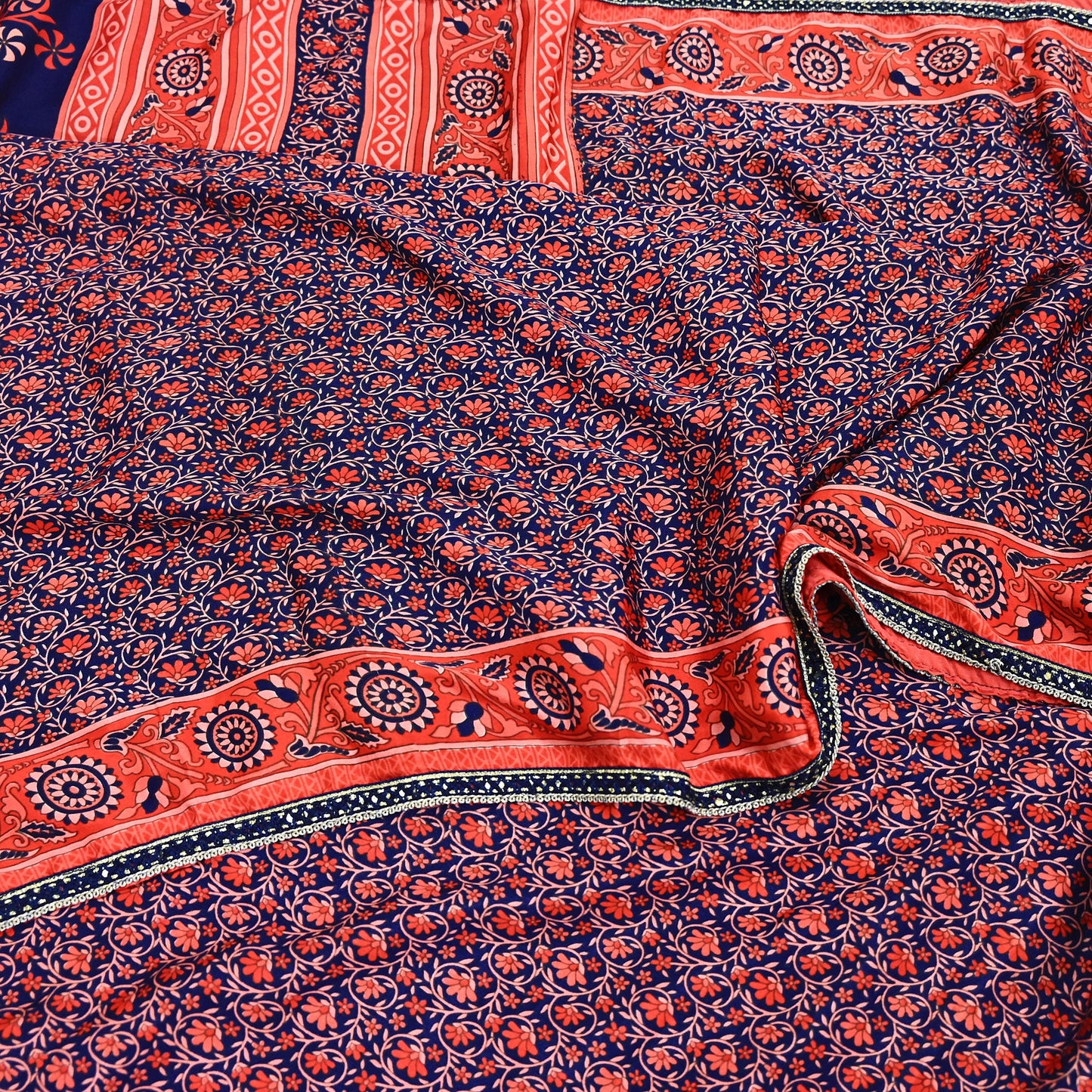 Indian Vintage Sari Peach & Blue Artificial silk Printed Sarees 5yd Craft Fabric Sewing Floral Soft Dress making Quilting Crafting Upcycle