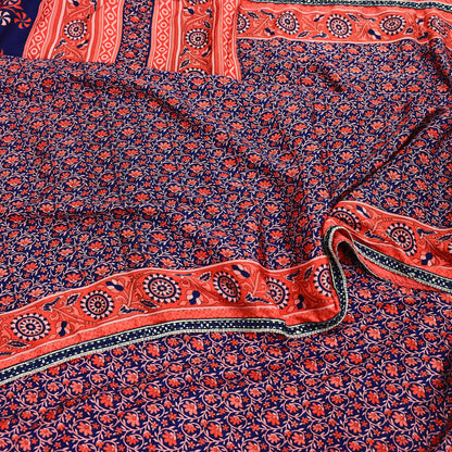 Indian Vintage Sari Peach & Blue Artificial silk Printed Sarees 5yd Craft Fabric Sewing Floral Soft Dress making Quilting Crafting Upcycle