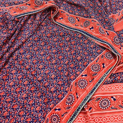 Indian Vintage Sari Peach & Blue Artificial silk Printed Sarees 5yd Craft Fabric Sewing Floral Soft Dress making Quilting Crafting Upcycle