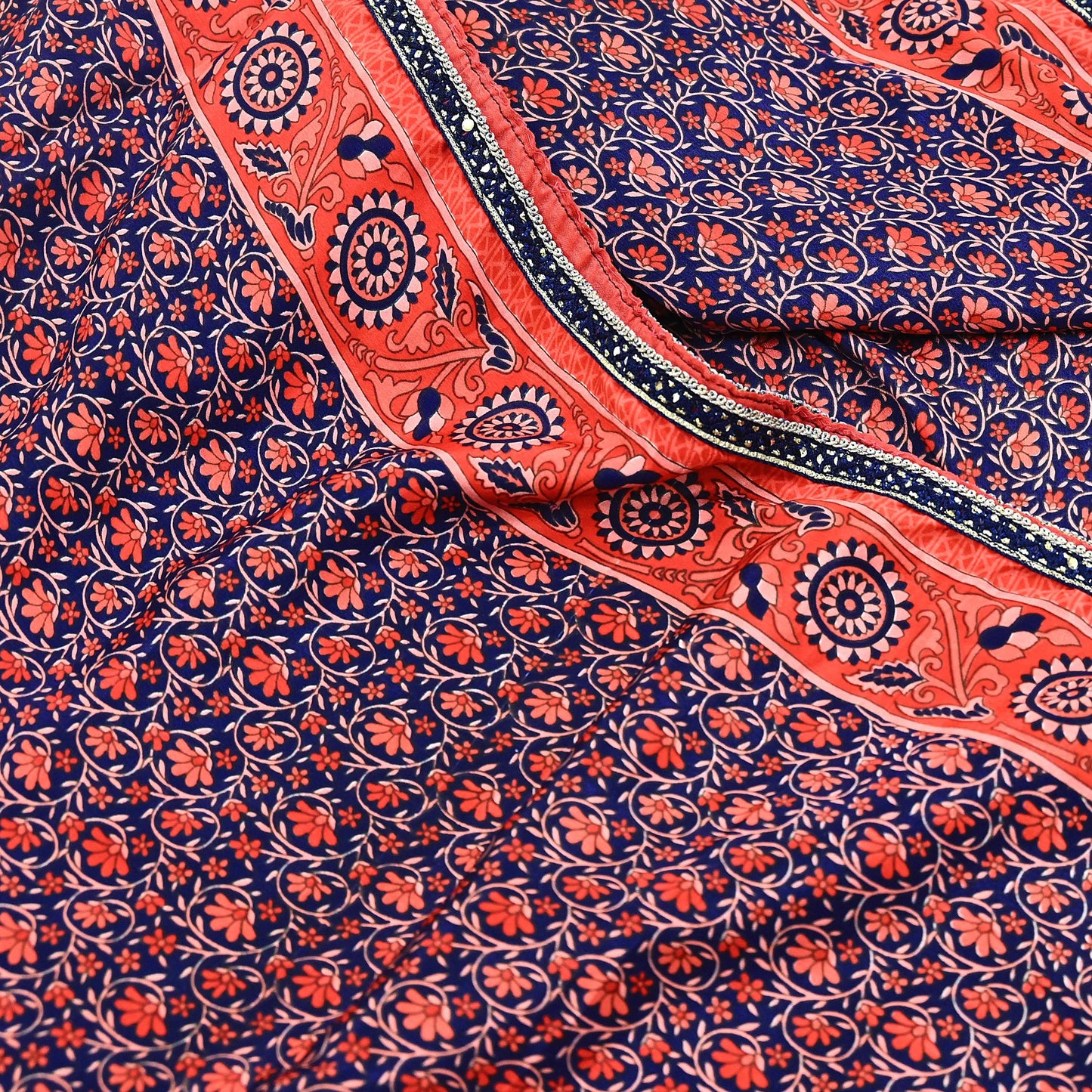 Indian Vintage Sari Peach & Blue Artificial silk Printed Sarees 5yd Craft Fabric Sewing Floral Soft Dress making Quilting Crafting Upcycle