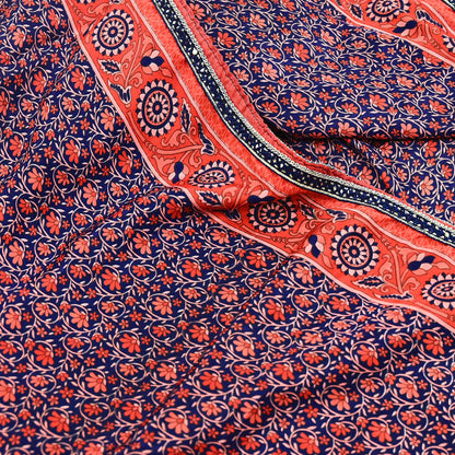 Indian Vintage Sari Peach & Blue Artificial silk Printed Sarees 5yd Craft Fabric Sewing Floral Soft Dress making Quilting Crafting Upcycle