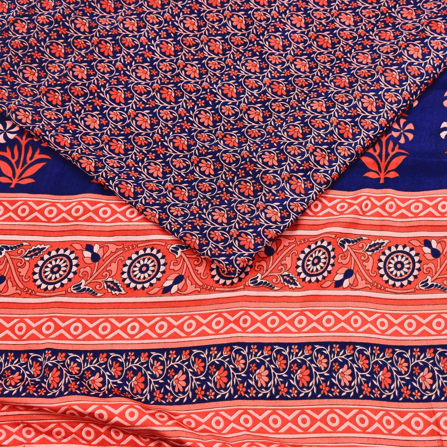 Indian Vintage Sari Peach & Blue Artificial silk Printed Sarees 5yd Craft Fabric Sewing Floral Soft Dress making Quilting Crafting Upcycle