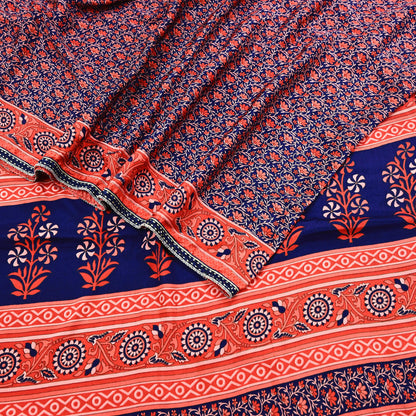Indian Vintage Sari Peach & Blue Artificial silk Printed Sarees 5yd Craft Fabric Sewing Floral Soft Dress making Quilting Crafting Upcycle