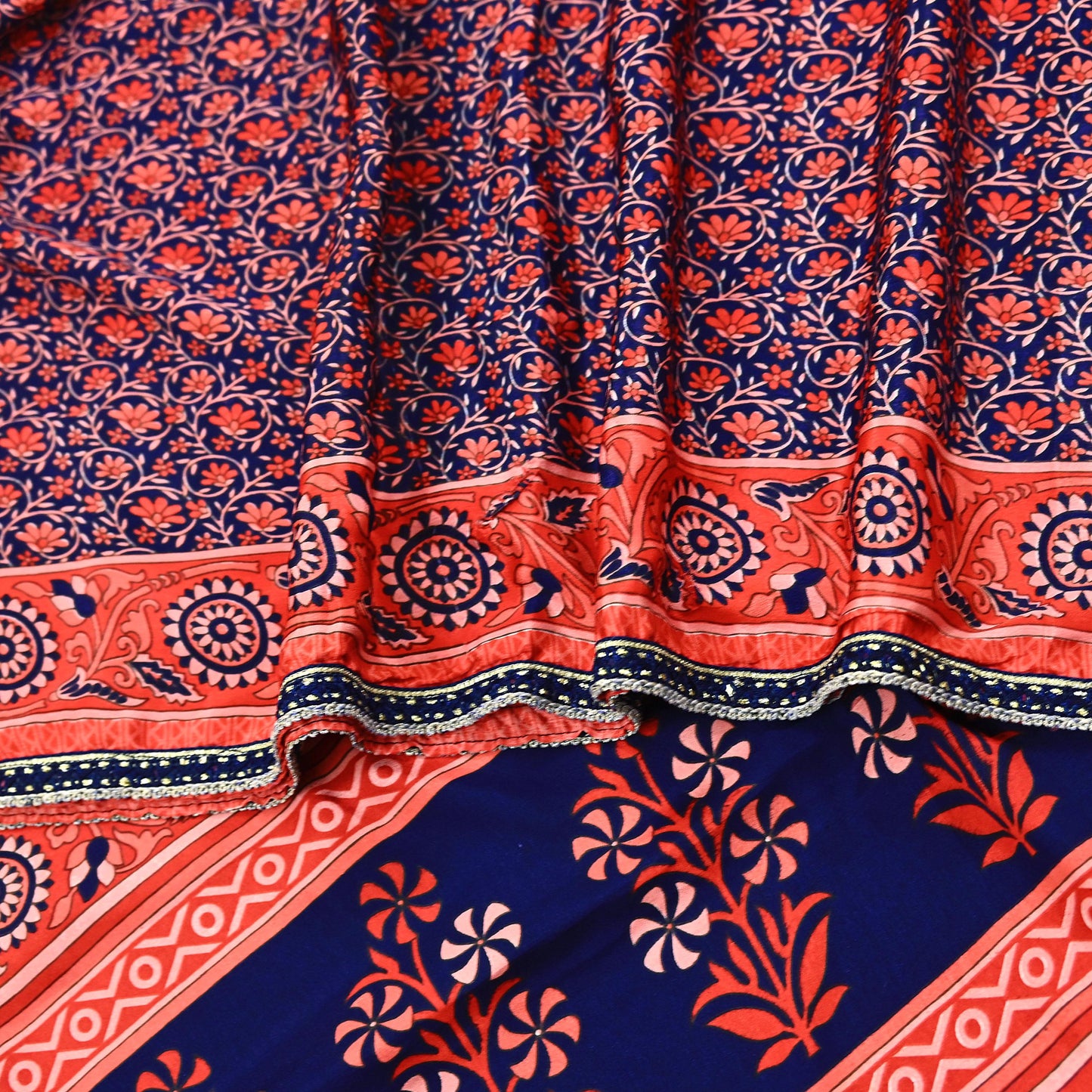 Indian Vintage Sari Peach & Blue Artificial silk Printed Sarees 5yd Craft Fabric Sewing Floral Soft Dress making Quilting Crafting Upcycle