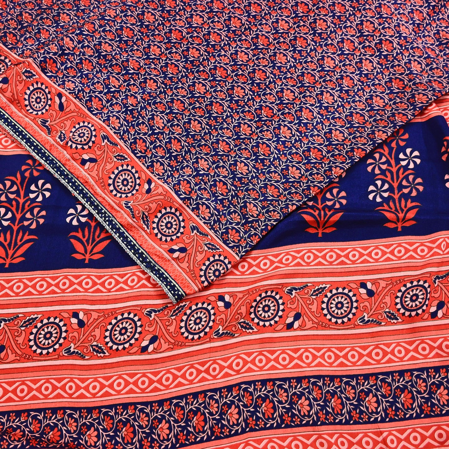 Indian Vintage Sari Peach & Blue Artificial silk Printed Sarees 5yd Craft Fabric Sewing Floral Soft Dress making Quilting Crafting Upcycle