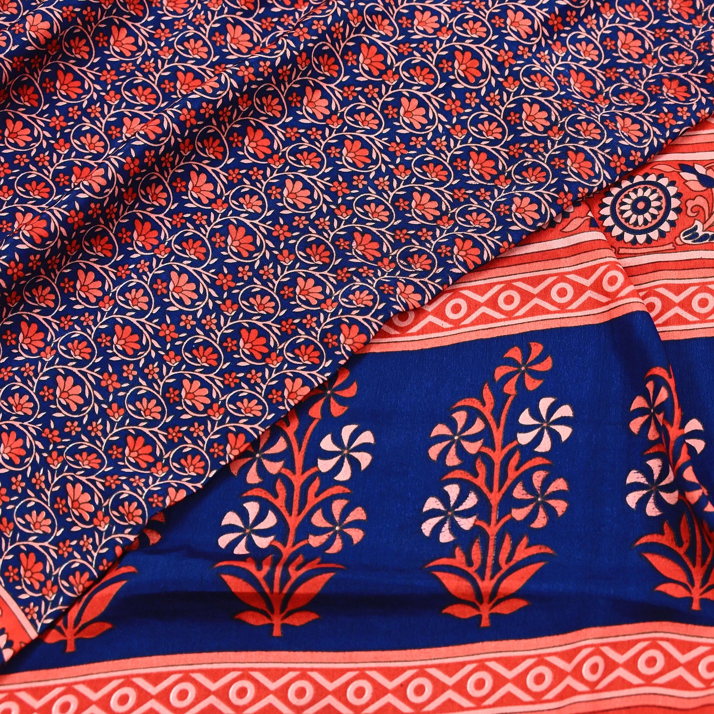 Indian Vintage Sari Peach & Blue Artificial silk Printed Sarees 5yd Craft Fabric Sewing Floral Soft Dress making Quilting Crafting Upcycle