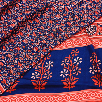 Indian Vintage Sari Peach & Blue Artificial silk Printed Sarees 5yd Craft Fabric Sewing Floral Soft Dress making Quilting Crafting Upcycle