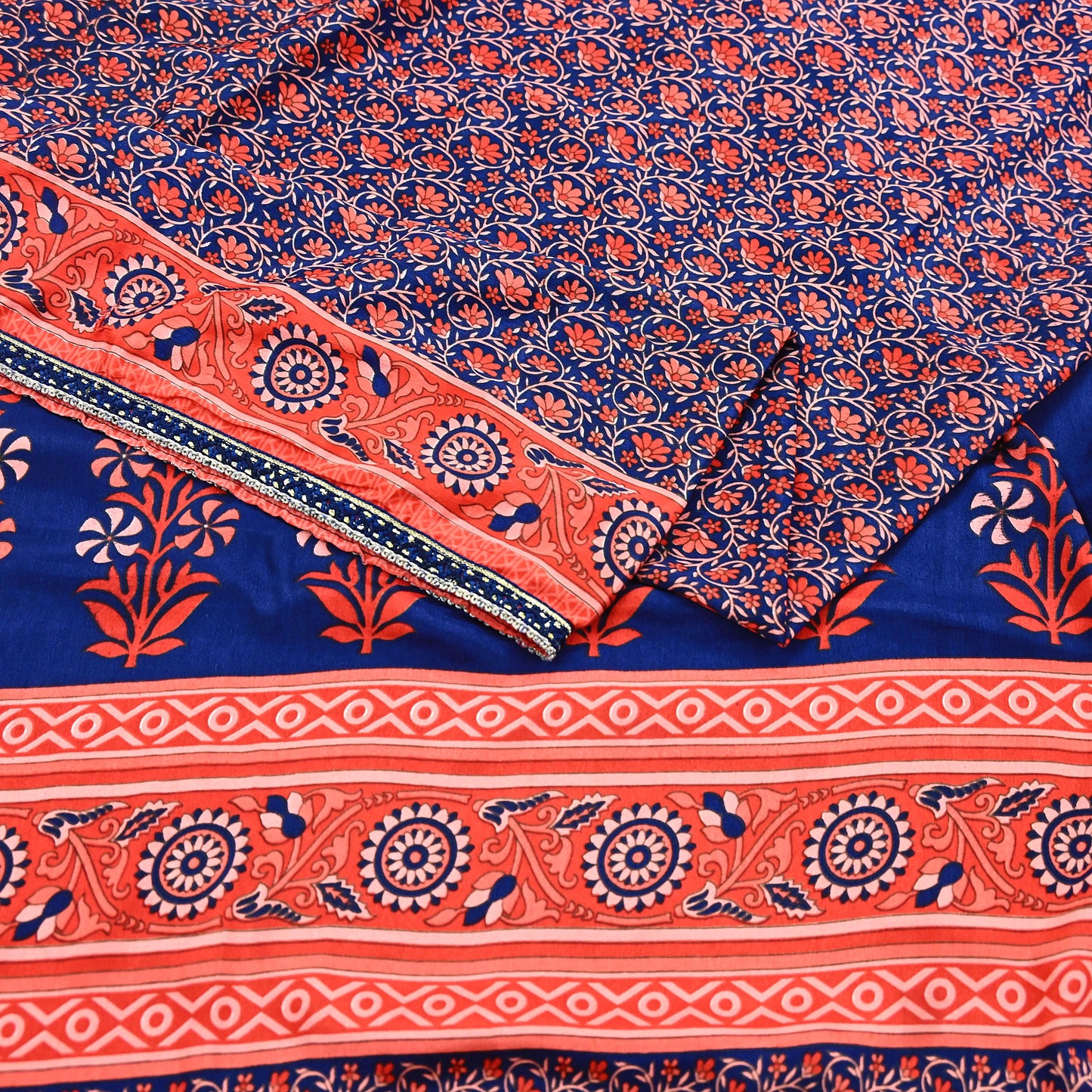 Indian Vintage Sari Peach & Blue Artificial silk Printed Sarees 5yd Craft Fabric Sewing Floral Soft Dress making Quilting Crafting Upcycle