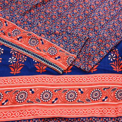 Indian Vintage Sari Peach & Blue Artificial silk Printed Sarees 5yd Craft Fabric Sewing Floral Soft Dress making Quilting Crafting Upcycle