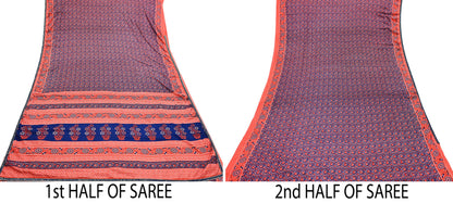 Indian Vintage Sari Peach & Blue Artificial silk Printed Sarees 5yd Craft Fabric Sewing Floral Soft Dress making Quilting Crafting Upcycle