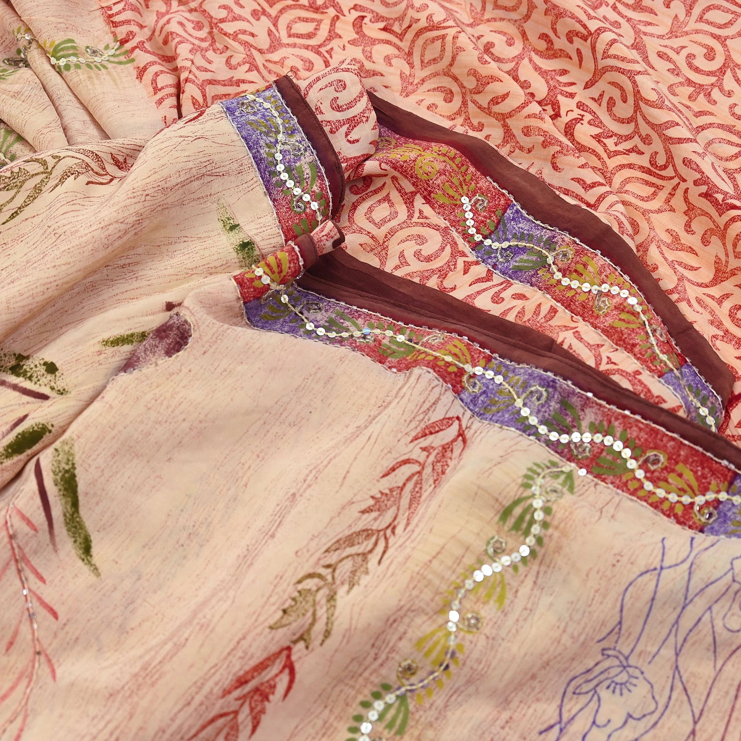 Indian Vintage Sari Brown & Beige Pure Crepe Silk Hand Embroidered Saree 5yd Sewing Floral Craft Sequins Dress making Crafting Quilting