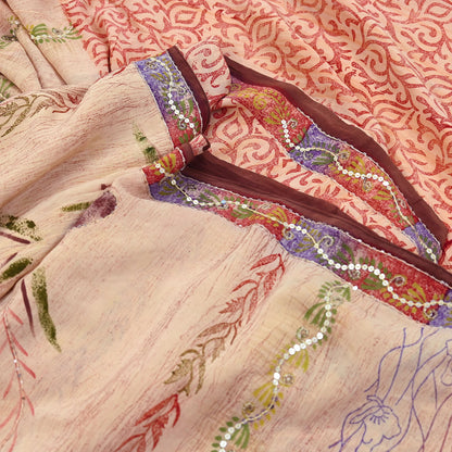 Indian Vintage Sari Brown & Beige Pure Crepe Silk Hand Embroidered Saree 5yd Sewing Floral Craft Sequins Dress making Crafting Quilting