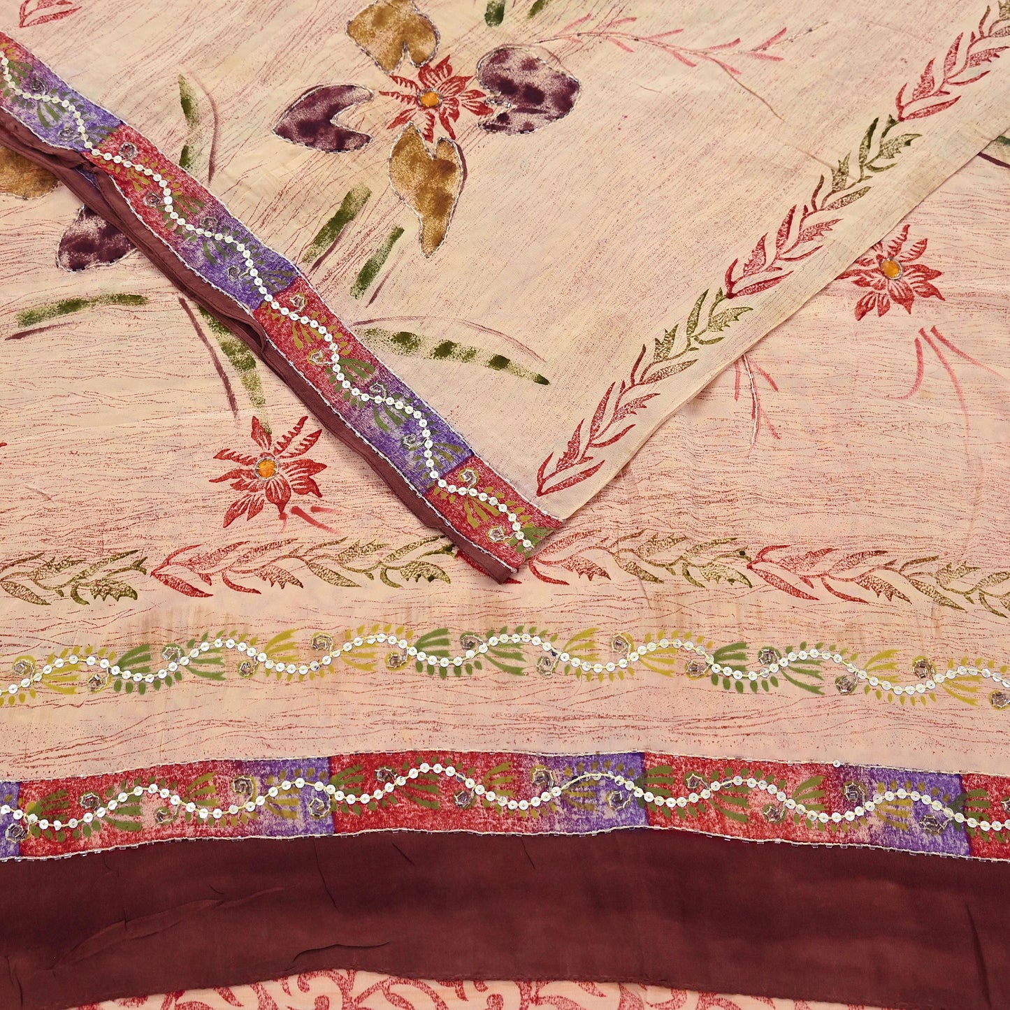 Indian Vintage Sari Brown & Beige Pure Crepe Silk Hand Embroidered Saree 5yd Sewing Floral Craft Sequins Dress making Crafting Quilting