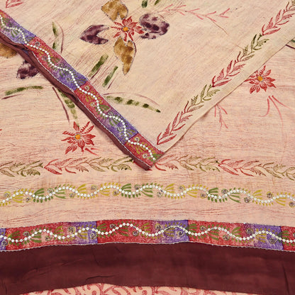 Indian Vintage Sari Brown & Beige Pure Crepe Silk Hand Embroidered Saree 5yd Sewing Floral Craft Sequins Dress making Crafting Quilting