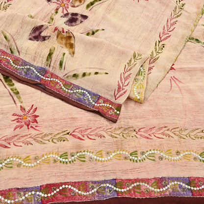 Indian Vintage Sari Brown & Beige Pure Crepe Silk Hand Embroidered Saree 5yd Sewing Floral Craft Sequins Dress making Crafting Quilting