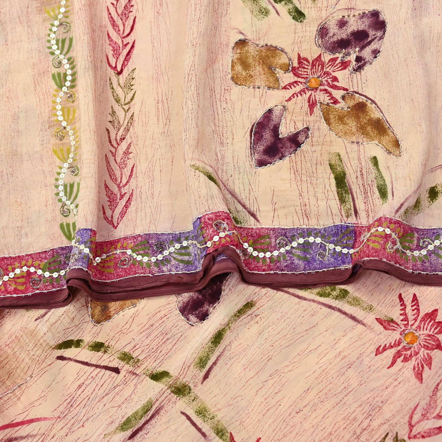 Indian Vintage Sari Brown & Beige Pure Crepe Silk Hand Embroidered Saree 5yd Sewing Floral Craft Sequins Dress making Crafting Quilting