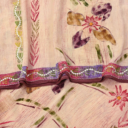 Indian Vintage Sari Brown & Beige Pure Crepe Silk Hand Embroidered Saree 5yd Sewing Floral Craft Sequins Dress making Crafting Quilting