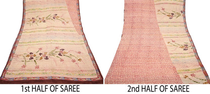 Indian Vintage Sari Brown & Beige Pure Crepe Silk Hand Embroidered Saree 5yd Sewing Floral Craft Sequins Dress making Crafting Quilting