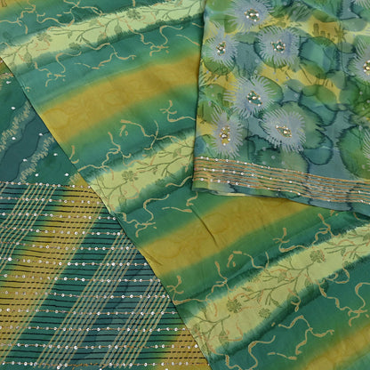 Indian Vintage Sari Green Pure Crepe Silk Hand Embroidered Saree 5yd Sewing Floral Craft Sequins Dress making Crafting Quilting