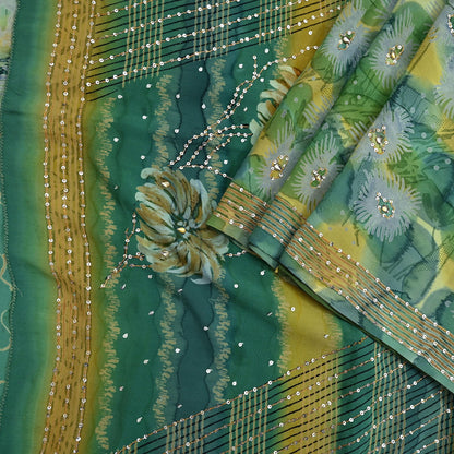 Indian Vintage Sari Green Pure Crepe Silk Hand Embroidered Saree 5yd Sewing Floral Craft Sequins Dress making Crafting Quilting