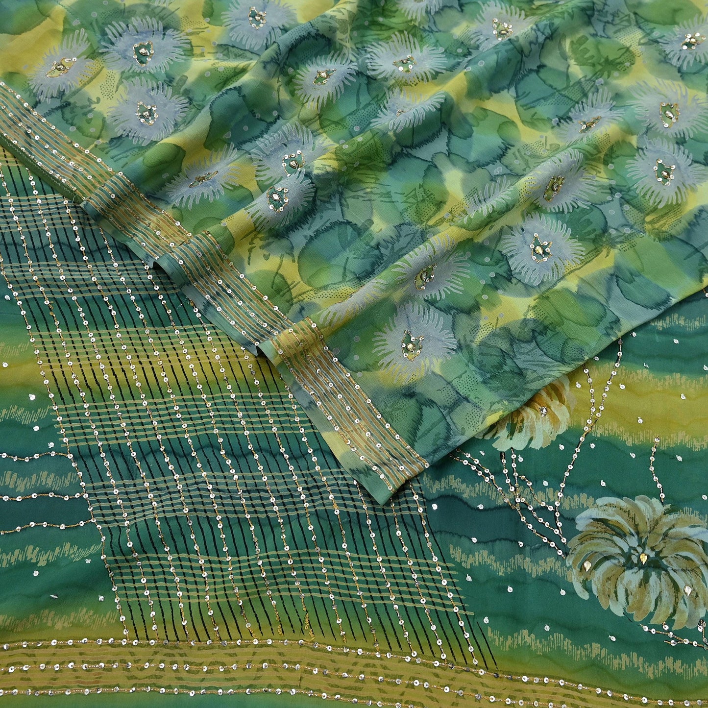 Indian Vintage Sari Green Pure Crepe Silk Hand Embroidered Saree 5yd Sewing Floral Craft Sequins Dress making Crafting Quilting